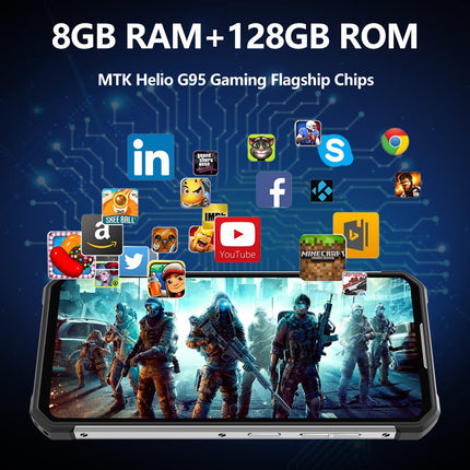 OUKITEL WP17 õues kasutatav nutitelefon, 8300 mAh õues kasutatav mobiiltelefon 128 GB + 8 GB, 90 Hz 6,78-tolline FHD+ ekraan, Helio G95 mängukiip, 64 MP + 20 MP kaamera, 18 W kiirlaadimine Android 11 NFC OTG Dual 4G