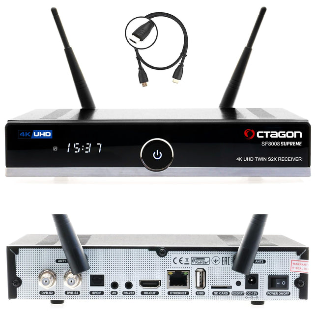 Octagon SF8008 UHD 4K Supreme kahe satelliidi vastuvõtjaga, 2x DVB-S2X tuuneriga, E2 Linux &amp; Define OS, salvestusfunktsiooniga, M.2 M-võti, gigabiti LAN, Bluetooth, kaardilugeja, satelliit-IP, multivoog, WiFi WLAN