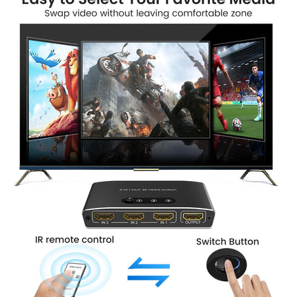 HDMI Switch, HDMI Splitter Automatic 4K Aluminum HDMI Switch 3 in 1 Out UHD HDMI Distributor with Remote Control, HDMI Switch Supports 4K 3D HDR for Fire TV Stick UHD TV PS4 Xbox DVD Blu-Ray