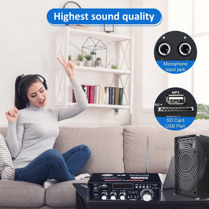 Etlephe Mini Amplifier, HIFI Amplifier, Bluetooth 5.0 Stereo Audio, 12 V 220 V 600 W, 2 Channels, LCD Display, High Fidelity, Portable FM Radio, SD/USB Card Input, for Home or Car