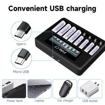 Rechargeable Batteries AAA with Charger - 12 Pcs AAA 1100mAh Rechargeable Batteries 1.2V NiMH with 8 Slot Intelligent LCD Battery Charger