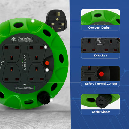 Desiretech Portable Extension Cord for Cable Reel - 4 Outlets, Thermal Cutout, Ergonomic Handle, Green/Black, Heavy-Duty Indoor Extension Cord (5 m)