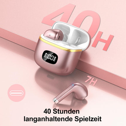 Bluetooth-kõrvaklapid, juhtmevabad Bluetooth 5.3 kõrvaklapid 4 ENC mürasummutava mikrofoniga, juhtmevabad HiFi stereokõrvaklapid, LED-ekraan, 40 tundi mänguaega, kõrvasisesed kõrvaklapid tööks, mängimiseks, sportimiseks, roosakuldne