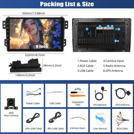 [4+64G] SIXWIN Android 13 autoraadio CarPlay/Android Auto/peegliühendusega Suzuki Splash Ritz 2004-2014 jaoks, 9-tolline HD puuteekraan, toetab WiFi, GPS, Bluetooth 5.0, FM/RDS 32EQ+kaamera