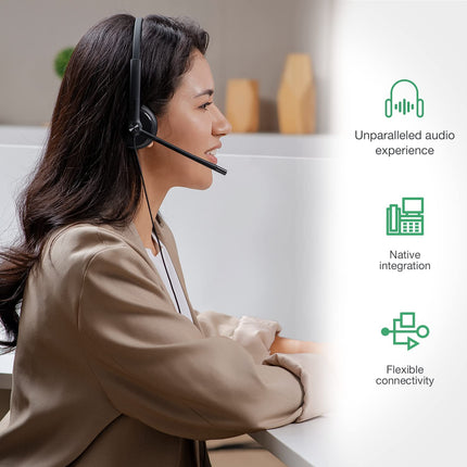 Yealinki telefonipeakomplektid kontoritelefonidele YHS34 Lite QD - RJ9 juhtmega peakomplekt, ühildub Poly Avaya Snom Grand Stream telefonidega, lauatelefoni peakomplekt mikrofoniga - kahekordne/111g/2.1m kaabel