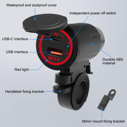 XMSJSIY mootorratta USB-laadija USB-C kiirlaadimispesa QC 3.0 18W USB-30W C-tüüpi kiirlaadimisadapter lülitiga lenkstangi tahavaatepeegli kinnitusega - 60CM/1.96FT