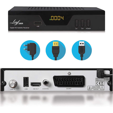 Leyf 2809 digitaalne satelliitvastuvõtja (HDTV, DVB-S/S2, HDMI, SCART, 2X USB 2.0, Full HD 1080p) [Astra Hotbird Türksati jaoks eelprogrammeeritud]