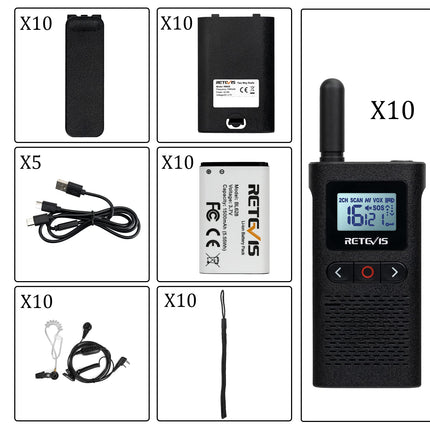 Retevis RB628 kahesuunaline raadiosaatja, PMR446 mini laetav raadiosaatja täiskasvanutele 1500mAh, LCD-ekraan VOX, professionaalsed kahesuunalised raadiosaatjad peakomplektiga hotellidele, koolidele (10 tk, must)
