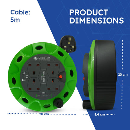 Desiretech Portable Extension Cord for Cable Reel - 4 Outlets, Thermal Cutout, Ergonomic Handle, Green/Black, Heavy-Duty Indoor Extension Cord (5 m)