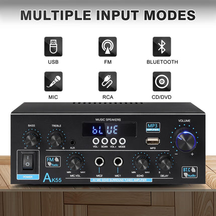 AK55 HiFi võimendi stereovõimendi Bluetooth 5.0 võimsusvõimendi 2 kanaliga võimendi 70W x 2 helivõimendi vastuvõtja digitaalne võimendi võimsusvõimendi USB, SD, RCA-ga koju või autosse