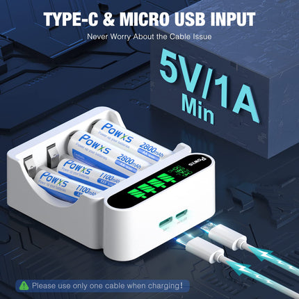 POWXS akulaadija 4 sektsiooniga, mahutab 4 x AA ja 4 x AAA suure mahutavusega akusid, akulaadija 4 sektsiooniga LCD-ekraani ja kiirlaadimisfunktsiooniga, toetab USB ja C-tüüpi sisendit