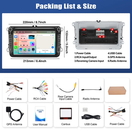 [4+64G 8-tuumaline] CAMECHO Android 13 autoraadio VW Golf 5 6 Polo Tiguan Caddy Skoda Passatile koos Carplay/Android Auto/Mirrorlinkiga, 8-tolline mahtuvuslik puuteekraan WiFi, GPS, FM, Bluetooth
