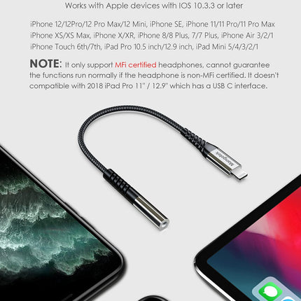 Mangotek iPhone'i kõrvaklappide adapter, läikiv ja punutud Lightning - 3,5 mm kõrvaklappide pesa adapter, audio dongle kõrvaklappide Aux-adapter Apple iPhone 12 Pro Max Mini 11 SE 7 8 Plus X XS XR jaoks