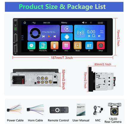 Podofo Car Radio 1 Din with CarPlay, Bluetooth, Android Auto, with 6.86 inch Screen Car Radio Display Supports FM Mirror Link, Rear View Camera and Microphone