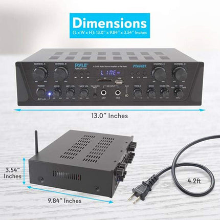 Pyle PTA44BT karaoke Bluetooth võimendi, juhtmevaba, 4-kanaliga stereoheli kodukino kõlar, helivõimendi vastuvõtja AUX-sisendiga, FM, RCA subwoofer, kõlar, väljund, USB, mikrofoni sisend
