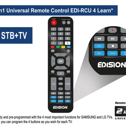EDISION Picco T265 pro HD maapealse ja kaabeltelevisiooni vastuvõtja DVB-T2/C H.265 HEVC FTA Full HD, PVR, USB, HDMI, SCART, S/PDIF, IR-Eye, USB WiFi tugi, universaalne 2-ühes kaugjuhtimispult, 2-ühes toiteplokk