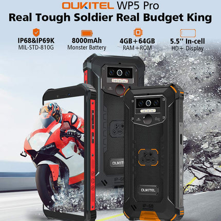 OUKITEL WP5 PRO 4G Outdoor Smartphone without Contract, 8000mAh Battery, 4 LED Flash, Android 10 Rugged Phone IP68, Helio A25 4GB + 64GB, 13MP + 2MP + 2MP, Face ID, GPS DUAL SIM Black