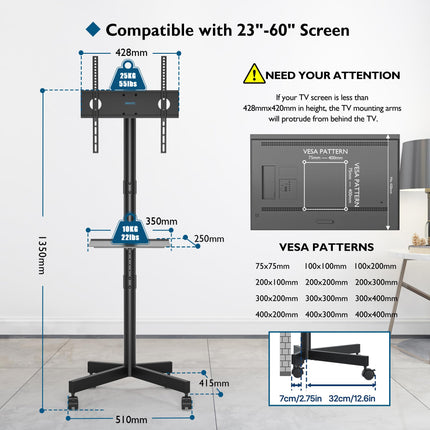 BONTEC ratastega telerialus 23–60-tollistele plasma-/LCD-/LED-teleritele, kaasaskantav sülearvuti riiuliga, kõrgusega reguleeritava ratastega telerialus kuni 25 kg, max. VESA 400x400 mm