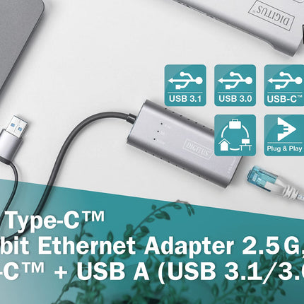 DIGITUS USB Network Adapter - 2.5 Gbit/s - RJ45 to USB 3.1 - incl. Type-A Adapter - Full-Duplex - Auto MDI-X - Gray