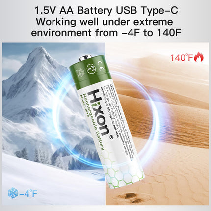 Hixon Rechargeable Lithium 1.5V AA Battery, 3000mWh USB-C AA Battery, 1.5V AA Lithium Battery, 4 Pack AA Lithium Batteries