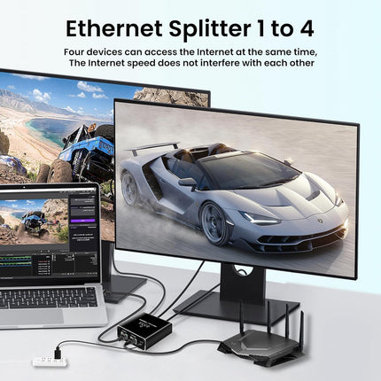 1000Mbit/s RJ45 Etherneti 1-4 jaoturadapter, 4 porti samaaegseks kasutamiseks, kiire interneti LAN-pesa pikendus USB-C-tüüpi toitekaabliga