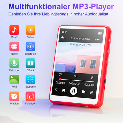 MECHEN Bluetooth 5.3 MP3-mängija puutetundliku ekraaniga, 64 GB MP3-mängija kõlariga, HiFi-heli, FM-raadio, muusika, video, e-raamatud, diktofon, kaitseümbris (punane)