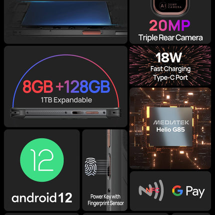 Ulefone Power Armor 14 PRO (8GB RAM) Outdoor Smartphone without Contract Android 12, 10000mAh Battery, IP68 Mobile Phone Helio G85 128GB ROM, 6.52'' 20MP+16MP Camera (Underwater Photography), NFC Wireless Charging GPS