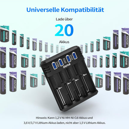 Dlyfull 18650 laadija, 4 pesaga universaalne akulaadija LED-ekraaniga, kiire USB-C akulaadija 18650 21700 17500 16340 26650 AA AAA C 3,7 V liitiumioonakude ja 1,2 V NI-MH/NI-CD aku jaoks