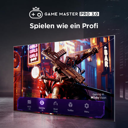 TCL 75T8B 75-tolline QLED Pro 144Hz Onkyo mänguteler, 4K UHD, HDR Pro, Google TV (Dolby Vision IQ ja Atmos, liikumise selgus, käed-vabad hääljuhtimine, ühildub Google Assistant ja Alexaga)