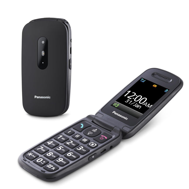 Panasonic KX-TU446EXB seenioridele mõeldud lepinguta mobiiltelefon (SOS-hädaabikõne nupp, põrutuskindel, häälevõimendi, suured eraldi klahvid, suur fondi ja numbrite ekraan, valgus, 2,4-tolline värviline ekraan, klapiga telefon, must)