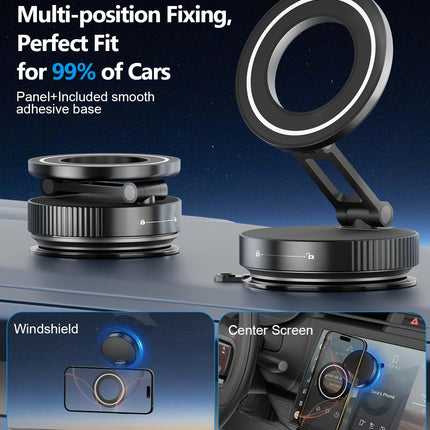 CloudValley Magnetic Metal Car Phone Holder, Ultra-Strong Vacuum Suction Cup with N52 Magnet, [360° Rotatable &amp; Foldable] for iPhone 16/15/14/13/12, Universal Cell Phone Holder for Car/Glass, Black