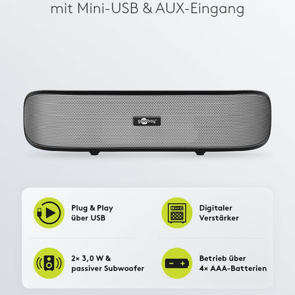 Goobay 95041 stereokõlar 6W teleri, arvuti, mobiiltelefoni, Maci ja sülearvuti jaoks USB-heliriba 2x 3W, helisüsteem digitaalse võimendi ja subwoofermembraaniga, must