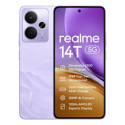 realme 14T 5G nutitelefon, 8+256 GB, 5260 mAh aku, Dimensity 6300 kiibistik, IP69 veekindel, 50 MP kaamera, 120 Hz silmasõbralik ekraan, lilla, Amazoni eksklusiivne (ilma adapterita)