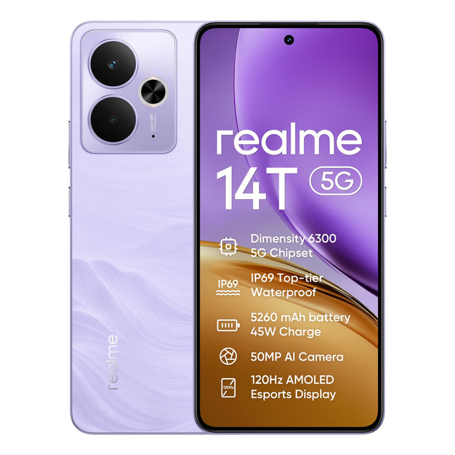 realme 14T 5G nutitelefon, 8+256 GB, 5260 mAh aku, Dimensity 6300 kiibistik, IP69 veekindel, 50 MP kaamera, 120 Hz silmasõbralik ekraan, lilla, Amazoni eksklusiivne (ilma adapterita)