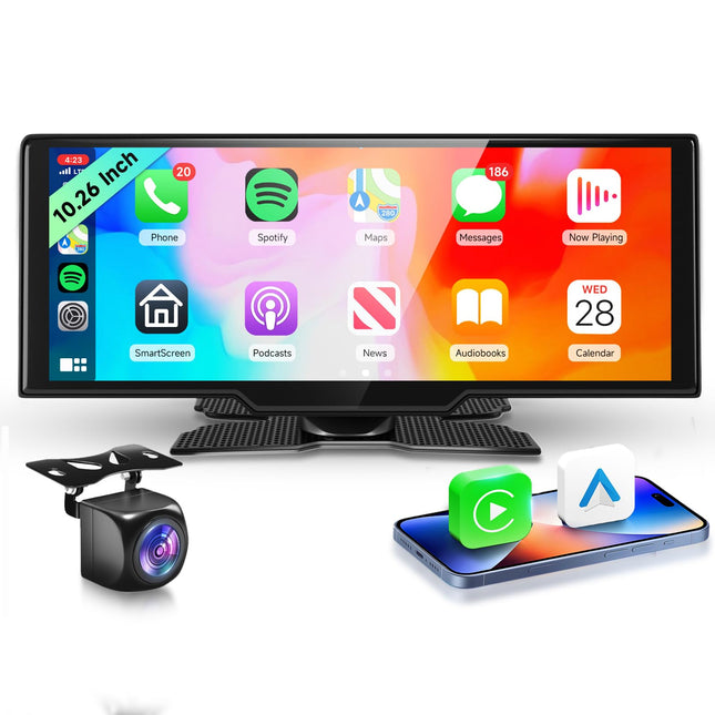 Podofo 10.26'' kaasaskantav autoraadio puutetundliku ekraaniga juhtmevaba Carplay Android Auto Bluetooth/FM-saatja/AUX häälassistent tahavaatekaameraga DC 7-32v