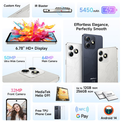 Ulefone Note 18 Pro Smartphone Android 14, 12GB+256GB 64MP+50MP Octa Core 5450mAh 18W 6.78" FHD+ 90Hz Refresh Rate 4G Dual SIM Mobile Phone Fingerprint ID NFC 2 Year Warranty - Black