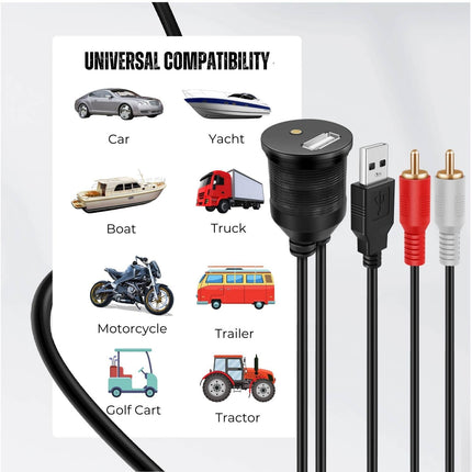 TNP 3.5mm Aux + USB Panel Jack Cable - 2m, Car USB &amp; RCA Male to 3.5mm Female Jack, Car USB RCA Extension Cable, Stereo Audio Adapter for Dashboard, Truck, Boat, Motorcycle, Black