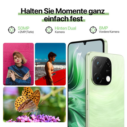 UMIDIGI G9C 50MP nutitelefon lukustamata Android 14-12(6+6) GB+128GB mobiiltelefon 6,75-tolline 90Hz ekraan, 5000mAh, 2,2GHz protsessor, 4G kahe SIM-kaardiga, kaasas laadija, Bluetooth 5.4/Face ID/GPS/NFC-roheline