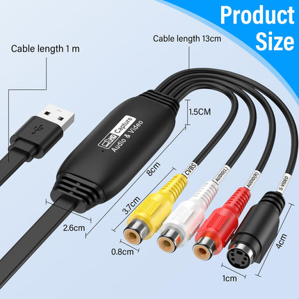 Video Grabber teisaldab VHS-i USB 2.0 Hi8 VHS-ile, digiteerib DVD-videokaarti RCA/S-Video adapteriga, VCR-digitaalmuundur Macile, Windows 2000, XP-le, WIN7/8/10/11-le