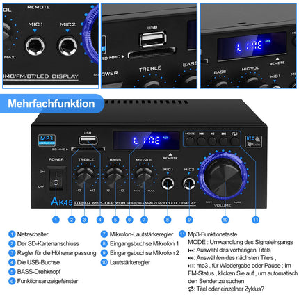 HiFi võimendi AK45 Mini Bluetooth stereo helivõimendi vastuvõtja 12V/220V 400W 2 kanaliga digitaalne võimsusvõimendi helivõimendi FM-raadio, SD/USB-kaardi sisendiga, koju või autosse