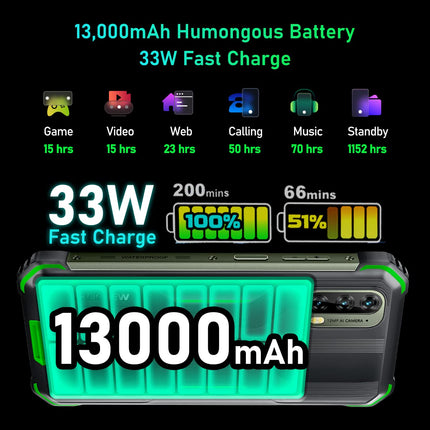 Blackview BV7100 lepinguta õues kasutatav nutitelefon, 13000mAh aku, 33W kiirlaadimine, IP68/IP69K vastupidav telefon, Android 12 Helio G85 6GB+128GB, 6,58'' FHD+ ekraan, 12MP kolmekordne kaamera, GPS, NFC, must
