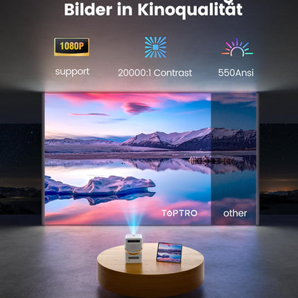 Miniprojektor【Sisseehitatud aku ja Android TV】 Toptro 1080P Full HD projektor kodukino elektrilise teravustamisega, 300 ANSI WiFi Bluetooth projektor õue, 50% suumiga väikeprojektor Netflixi/Prime Video/Dis+-iga