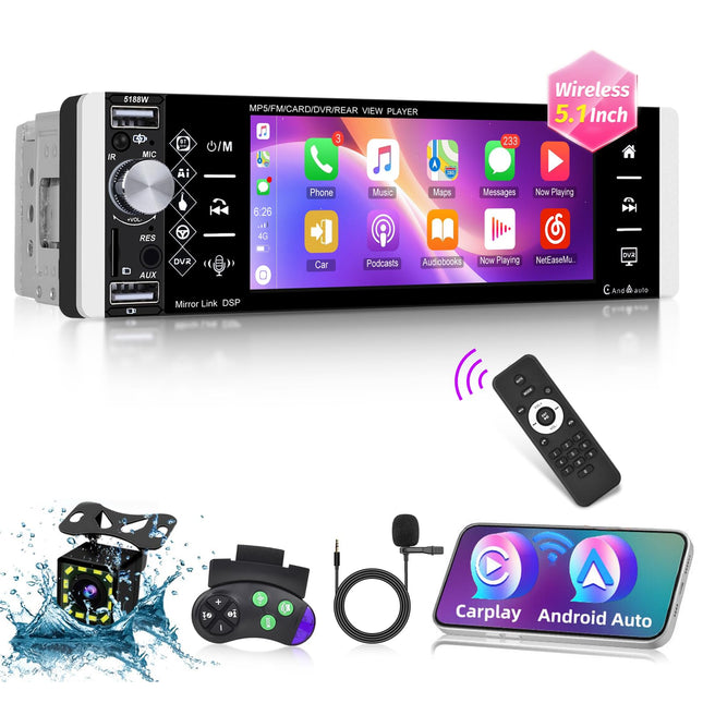 Techschermo autoraadio 1 DIN ekraaniga, juhtmevaba Carplay ja Android Auto toega - 5,1-tolline IPS puutetundliku ekraaniga autoraadio Mirror Linki, FM/AM/RDS raadio, TF/AUX/USB pordi, juhtmevaba ...