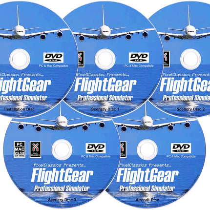 FlightGear Flight Simulator 2023 X Premium DELUXE Edition lennusimulatsiooni 5-kettaga DVD-CD komplekt, mis ühildub Microsoft Windows 11, 10, 8.1, 8, 7, Vista PC ja Maciga | 600+ lennukit ja maastikku üle maailma