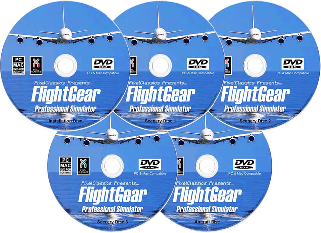 FlightGear Flight Simulator 2023 X Premium DELUXE Edition lennusimulatsiooni 5-kettaga DVD-CD komplekt, mis ühildub Microsoft Windows 11, 10, 8.1, 8, 7, Vista PC ja Maciga | 600+ lennukit ja maastikku üle maailma
