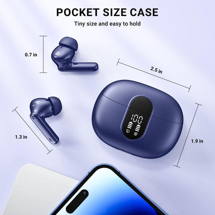AOVOCE Bluetooth-kõrvaklapid, kõrvasisesed juhtmevabad Bluetooth 5.3 kõrvaklapid 42H sügava bassiga, spordikõrvaklapid 4 mikrofoniga, veekindlad kõrvaklapid ENC mürasummutusega, LED-ekraan, USB-C, tumesinine