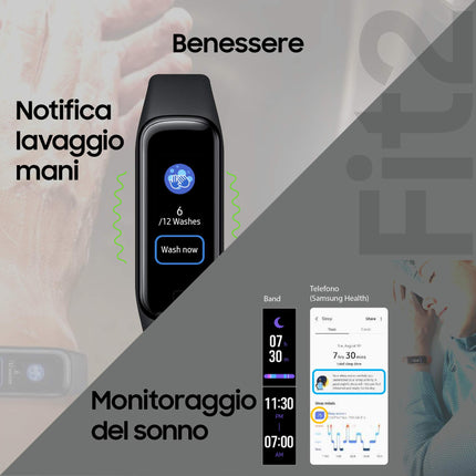 Samsung Galaxy Fit2, 1.1-inch AMOLED color display, fitness bracelet, waterproof fitness watch, up to 21 days battery life, sleep analysis, black (Italian version)