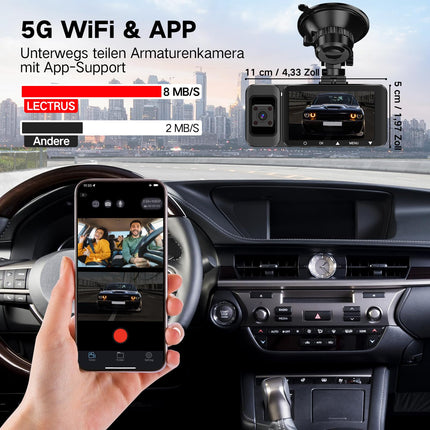 LECTRUS 3-Channel 4K Dash Cam Front and Rear View, 5G WiFi Dash Cam, APP Control, Night Vision, 3" IPS Screen, G-Sensor, 24-Hour Parking Mode, Loop Recording, 64GB SD Card Included