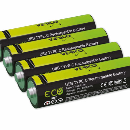 VERICO LoopEnergy AA 2550, Mignon, rechargeable USB-C battery AA 1.5V 2550mWh (1700mAh) Li-Ion battery, fast charging via USB-C connection in approx. 2 hours, 2-pack AA, 1 cable USB-A to 2 x USB-C