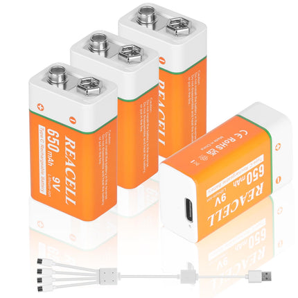 REACELL 9V Block Battery 650mAh USB Rechargeable Li-Ion Battery 1.5 Hours Fast Charging 9 Volt Rechargeable Batteries Rechargeable Block Battery Long Life for Smoke Detectors